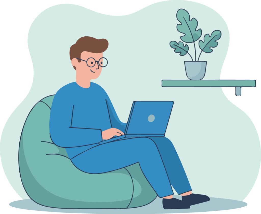 kuvitus miehestä tekemässä töitä tietokoneella tietosuojaselosteen parissa